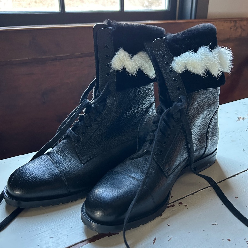 Manolo Blahnik leather boots w mink detailing, IT 39.5, worn once, like new